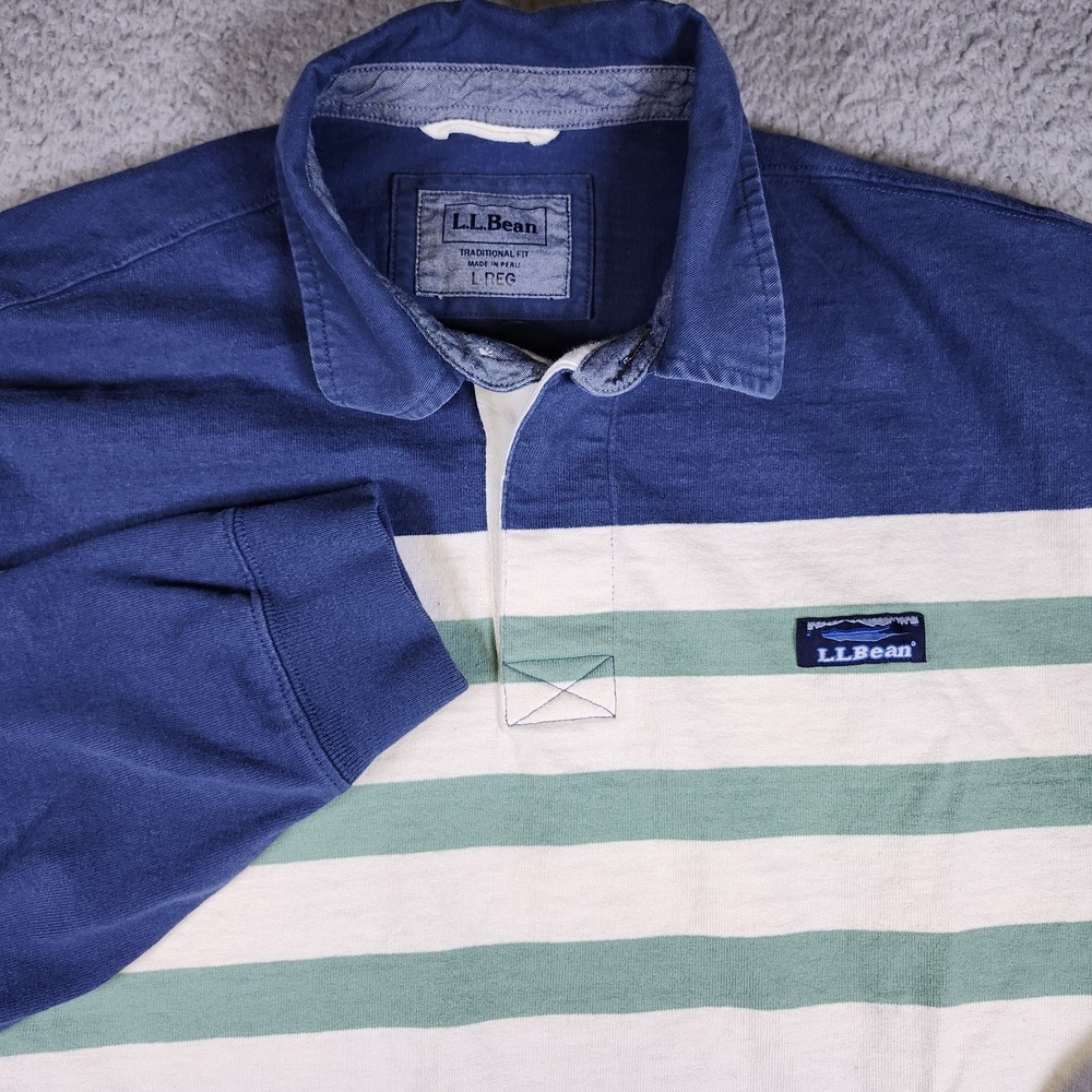 LL Bean Rugby Shirt Mens Large Blue Green Beige Striped Preppy Y2K Style